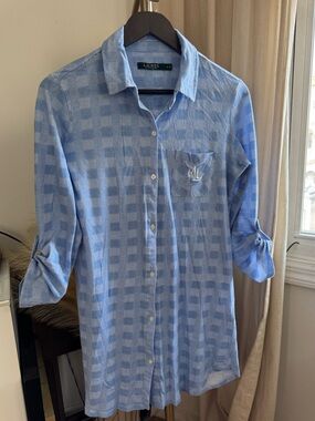 NWOT Lauren Ralph Lauren Light Blue Checked Button-Down Sleep Shirt | Small